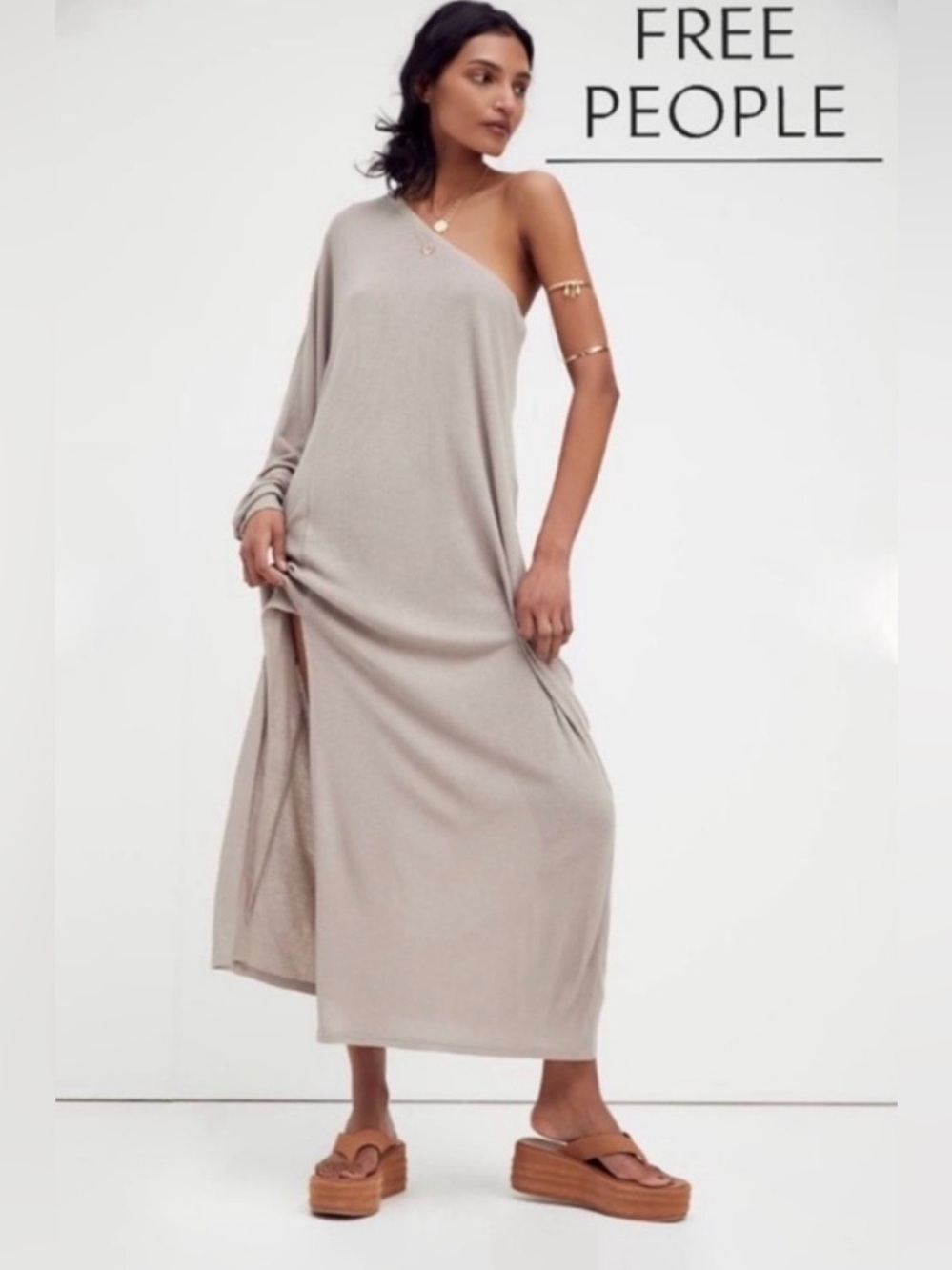 Free People One-Shoulder Taupe Maxi Dress